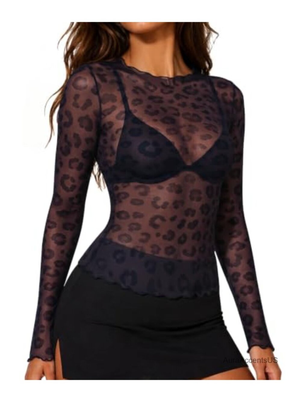 Sheer Mesh Long Sleeve Crew Neck Lace Top Women Sexy Floral Ruffle Hem Blouse